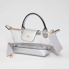Load image into Gallery viewer, Faux Leather Compact Transparent Top Handle Crossbody Bag: Clear,Silver