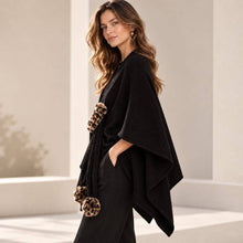 Load image into Gallery viewer, Leopard Pom Pom Trim Draped Shawl Poncho: Black
