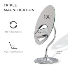 Load image into Gallery viewer, Tri-Optics Beveled Makeup Mirror with Magnification: Oval / 8X/3X/1X / Chrome