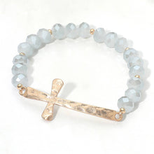 Load image into Gallery viewer, Brushed Hammered Metal Cross Accent Faceted Beaded Stretch Bracelet: Gray