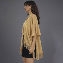 Load image into Gallery viewer, Sequin Embellished Open Front Fringe Trim Lurex Kimono: Beige