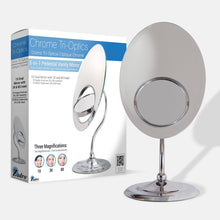 Load image into Gallery viewer, Tri-Optics Beveled Makeup Mirror with Magnification: Oval / 8X/3X/1X / Chrome