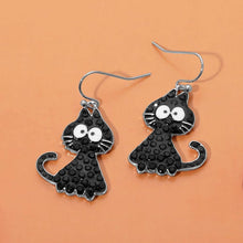 Load image into Gallery viewer, Studded Enamel Black Cat Charm Drop Dangle Earrings