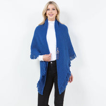 Load image into Gallery viewer, Fringe Knit Open Front Shawl Wrap Poncho: Blue