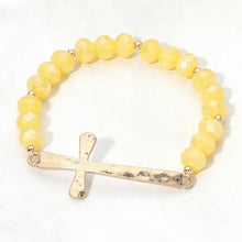 Load image into Gallery viewer, Brushed Hammered Metal Cross Accent Faceted Beaded Stretch Bracelet: Hematite