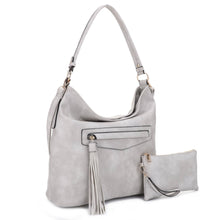 Load image into Gallery viewer, Front Pocket Tassel Zipper w/ Wristlet Hobo Set: Light Gray