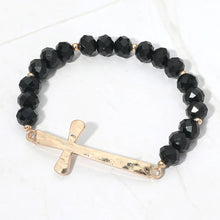 Load image into Gallery viewer, Brushed Hammered Metal Cross Accent Faceted Beaded Stretch Bracelet: Light Blue