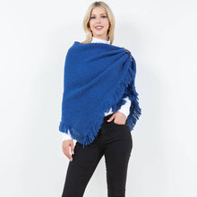 Load image into Gallery viewer, Fringe Knit Open Front Shawl Wrap Poncho: Blue