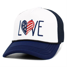 Load image into Gallery viewer, LOVE Heart American USA Flag Embroidered Mesh Trucker Hat: Navy