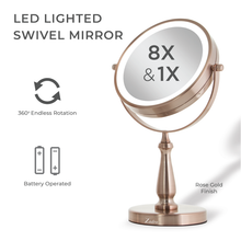 Load image into Gallery viewer, Lighted Makeup Mirror with Magnification: Chrome / Round / 8X/1X