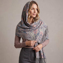 Load image into Gallery viewer, Elegant Floral Paisley Pattern Print Fringe Wrap Scarf: Navy