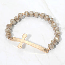 Load image into Gallery viewer, Brushed Hammered Metal Cross Accent Faceted Beaded Stretch Bracelet: Neutral