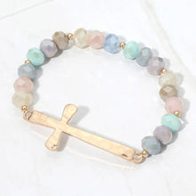 Load image into Gallery viewer, Brushed Hammered Metal Cross Accent Faceted Beaded Stretch Bracelet: Neutral