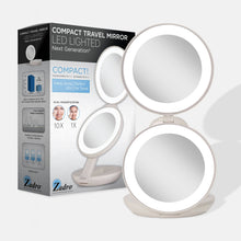 Load image into Gallery viewer, Lighted Travel Mirror with Magnification & Folding-to-Compac: 10X/1X / Round / Taupe
