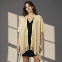 Load image into Gallery viewer, Sequin Embellished Open Front Fringe Trim Lurex Kimono: Beige