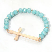 Load image into Gallery viewer, Brushed Hammered Metal Cross Accent Faceted Beaded Stretch Bracelet: Light Blue