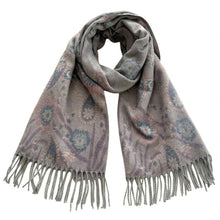Load image into Gallery viewer, Elegant Floral Paisley Pattern Print Fringe Wrap Scarf: Gray