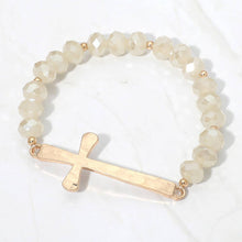 Load image into Gallery viewer, Brushed Hammered Metal Cross Accent Faceted Beaded Stretch Bracelet: Gray