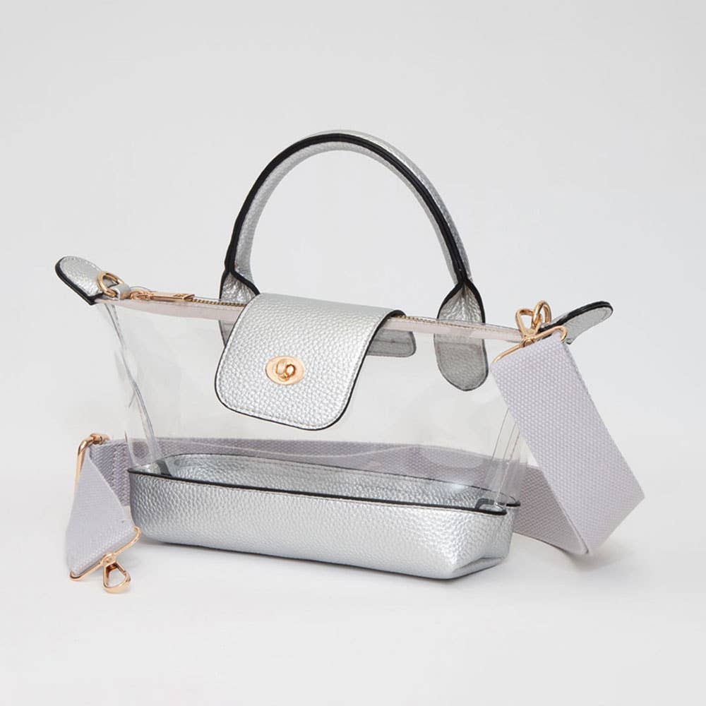 Faux Leather Compact Transparent Top Handle Crossbody Bag: Clear,Silver