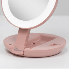Load image into Gallery viewer, Lighted Travel Mirror with Magnification &amp; Folding-to-Compac: 10X/1X / Round / Taupe
