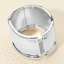 Load image into Gallery viewer, Wide Textured Metal Hinged Bangle Bracelet: Rhodium
