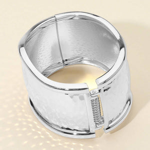 Wide Textured Metal Hinged Bangle Bracelet: Rhodium