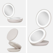 Load image into Gallery viewer, Lighted Travel Mirror with Magnification &amp; Folding-to-Compac: 10X/1X / Round / Taupe
