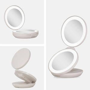 Lighted Travel Mirror with Magnification & Folding-to-Compac: 10X/1X / Round / Taupe