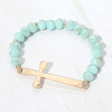 Load image into Gallery viewer, Brushed Hammered Metal Cross Accent Faceted Beaded Stretch Bracelet: Light Blue
