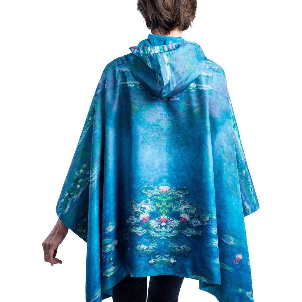 Monet Water Lilies Reversible Rain Cape Poncho – Lightweight Hooded Wrap for Women
