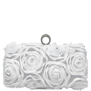 FLORAL ROSE CHIFFON CLUTCH EVENING BAG,  WHITE