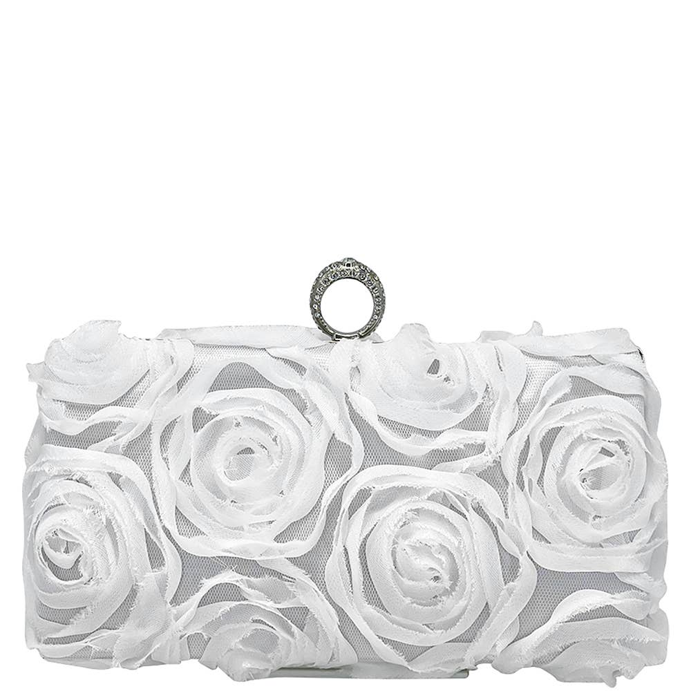 FLORAL ROSE CHIFFON CLUTCH EVENING BAG,  WHITE
