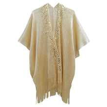 Load image into Gallery viewer, Sequin Embellished Open Front Fringe Trim Lurex Kimono: Beige
