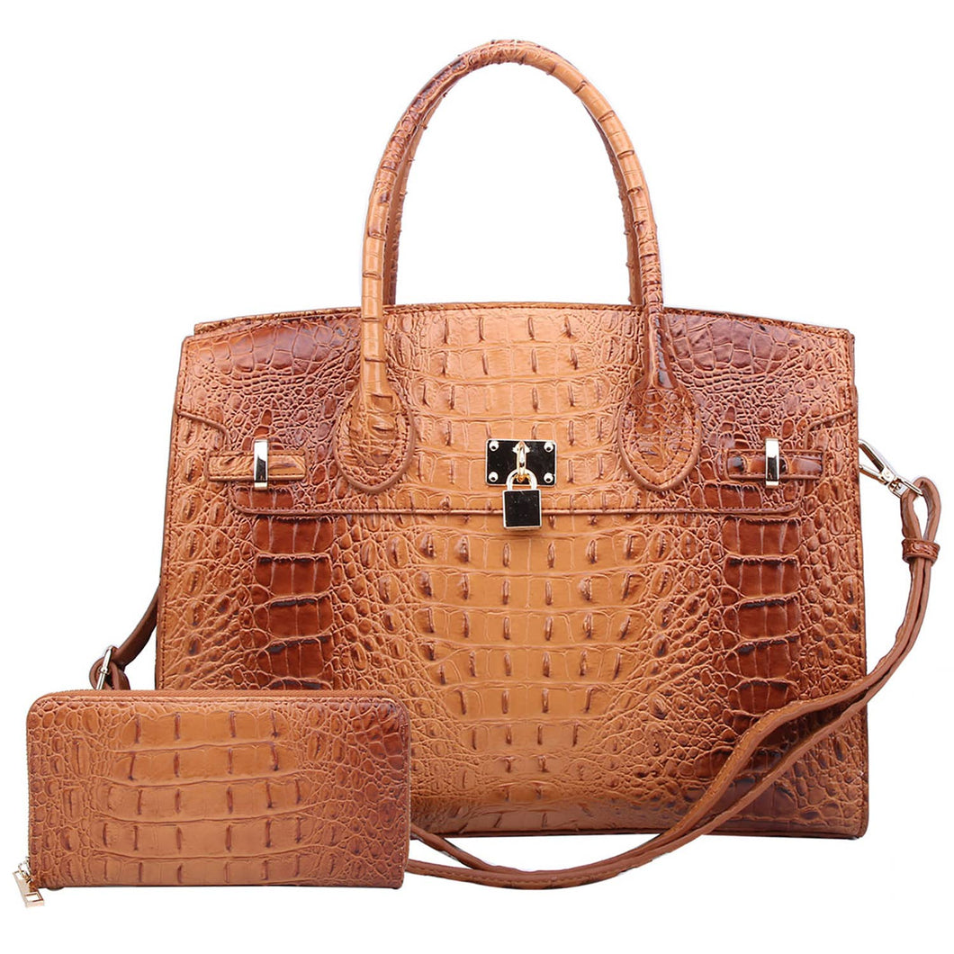 Croc Alligator Padlock 2-in-1 Satchel: Tan