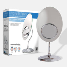Load image into Gallery viewer, Tri-Optics Beveled Makeup Mirror with Magnification: Oval / 8X/3X/1X / Chrome
