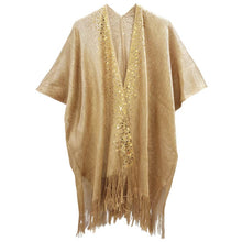 Load image into Gallery viewer, Sequin Embellished Open Front Fringe Trim Lurex Kimono: Beige
