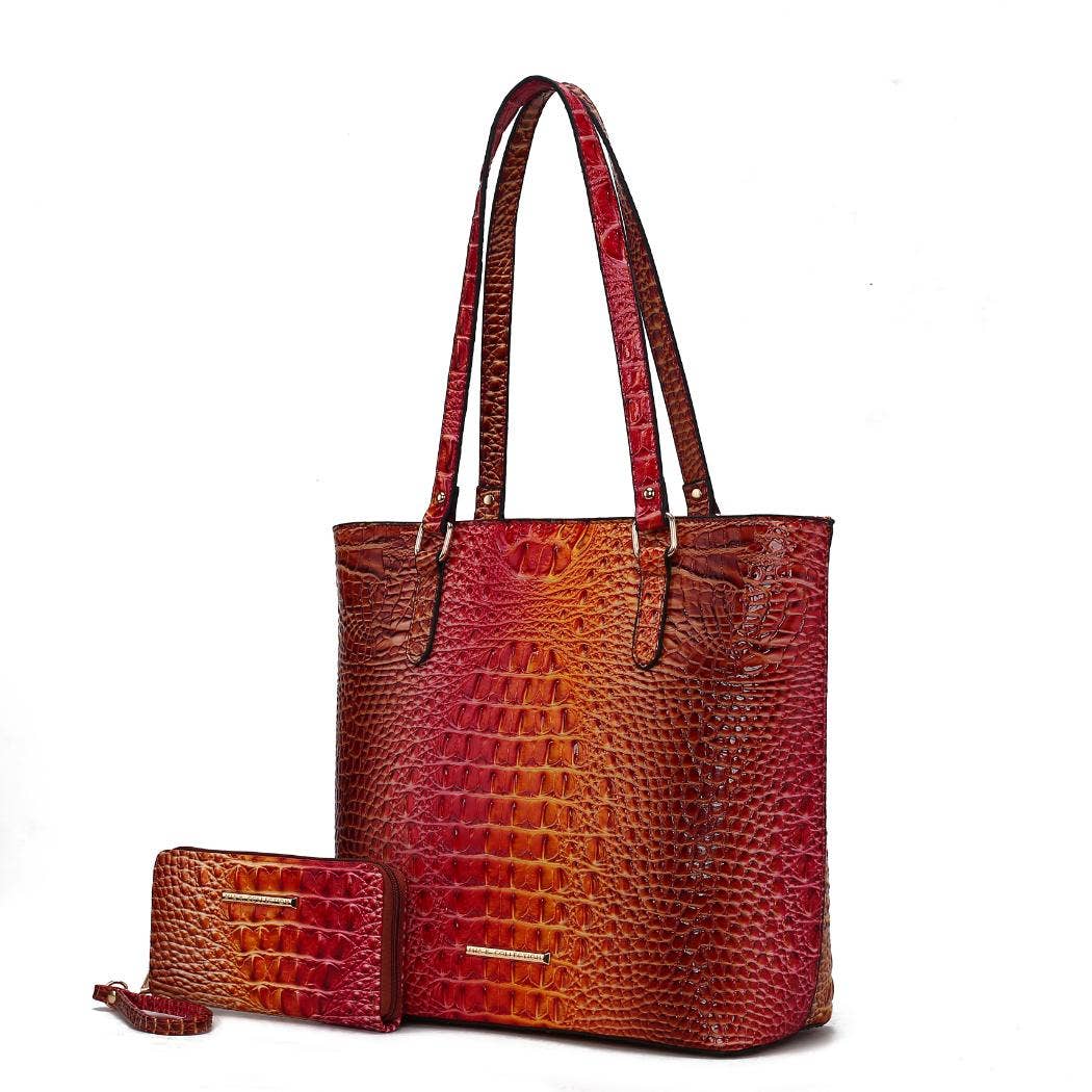 Piper Gradient Rainbow Embossed Tote Bag with Wallet: Coral