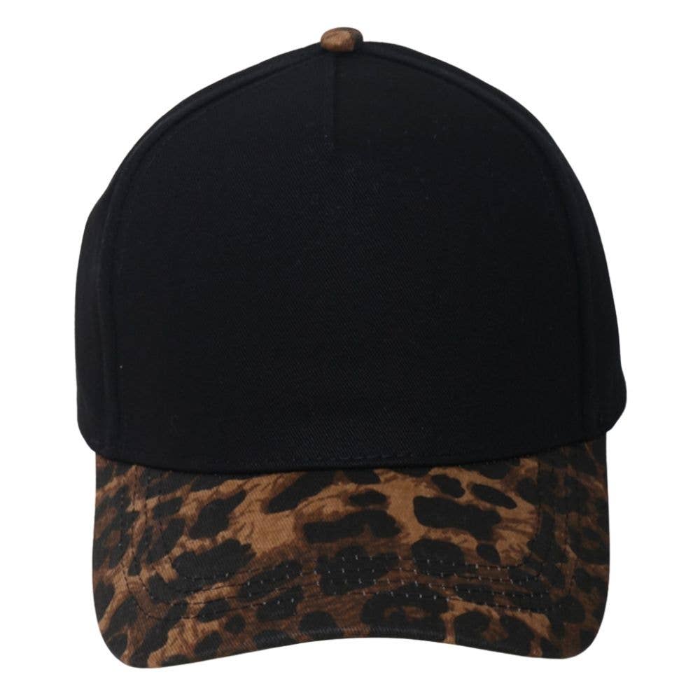 5 PANEL LEOPARD BRIM PRINT BASEBALL HAT, BLACK