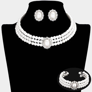 3PCS - Rhinestone Trimmed Pearl Necklace Jewelry Set: White