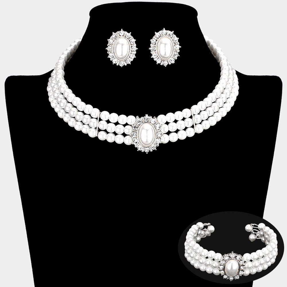 3PCS - Rhinestone Trimmed Pearl Necklace Jewelry Set: White