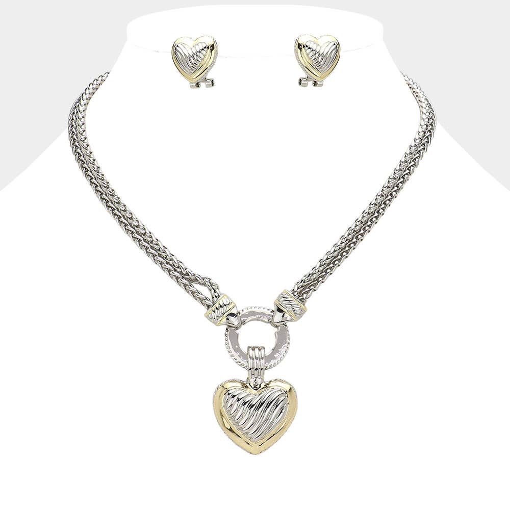 Chunky Two Tone Metal Heart Pendant Necklace