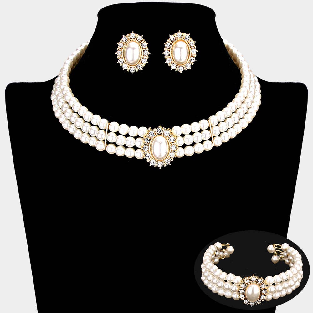 3PCS - Rhinestone Trimmed Pearl Necklace Jewelry Set: CREAM