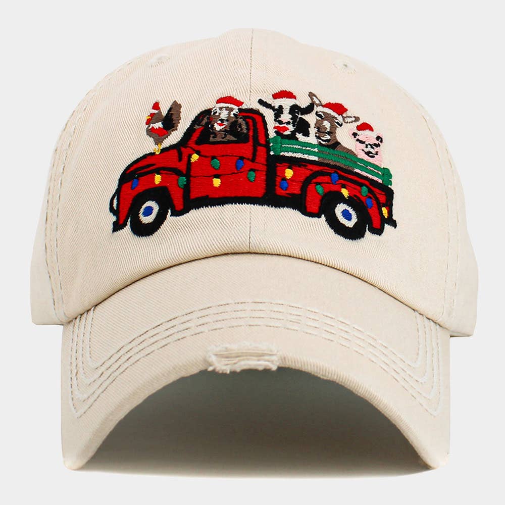 Christmas Truck Embroidered Accented Vintage Baseball Cap: Beige