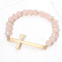 Load image into Gallery viewer, Brushed Hammered Metal Cross Accent Faceted Beaded Stretch Bracelet: Red
