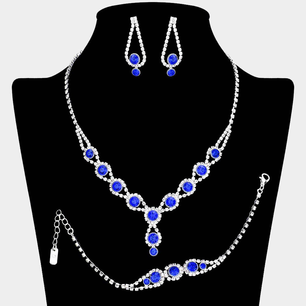 Rhinestone Bubble Necklace Jewelry Set: Sapphire,Silver