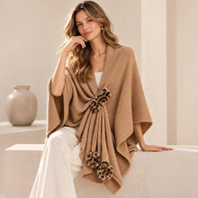 Load image into Gallery viewer, Leopard Pom Pom Trim Draped Shawl Poncho: Camel
