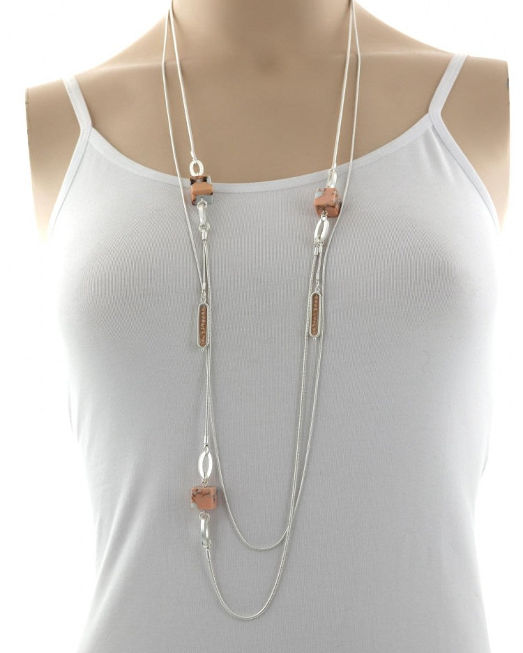 Multi Strand Cellulose Acetate Cube Long Necklace Peach