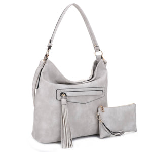 Front Pocket Tassel Zipper w/ Wristlet Hobo Set: Light Gray