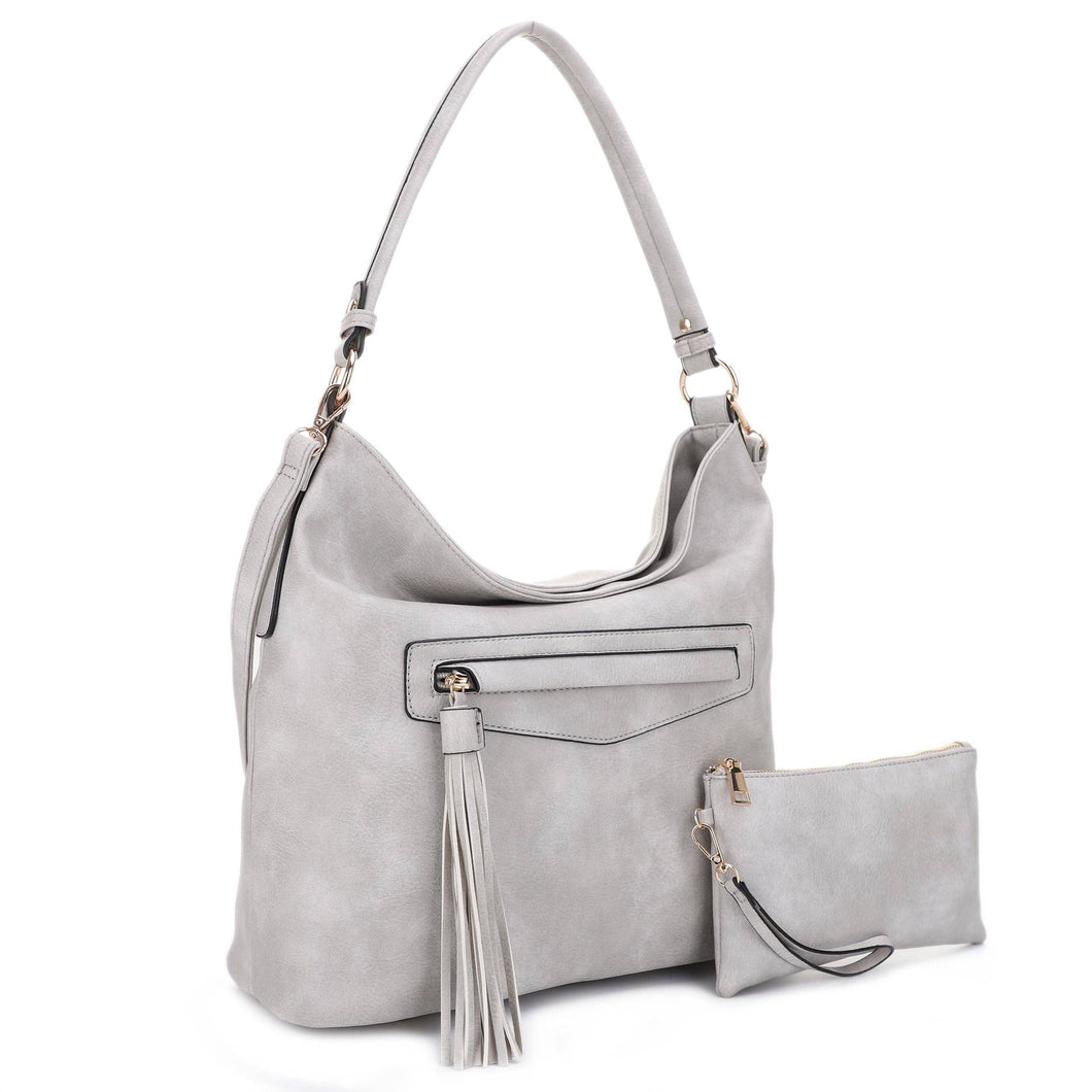 Front Pocket Tassel Zipper w/ Wristlet Hobo Set: Light Gray