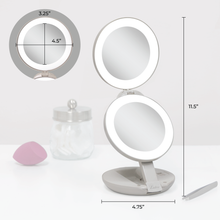Load image into Gallery viewer, Lighted Travel Mirror with Magnification &amp; Folding-to-Compac: 10X/1X / Round / Taupe
